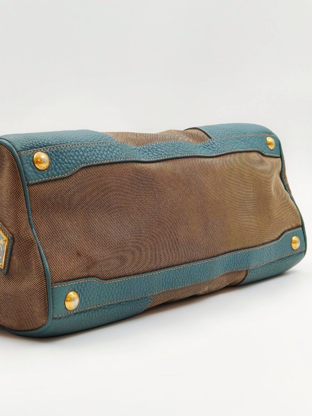 Prada Canapa Canvas Leather Boston Satchel Shoulder Bag Gray Blue - Picture 6 of 16